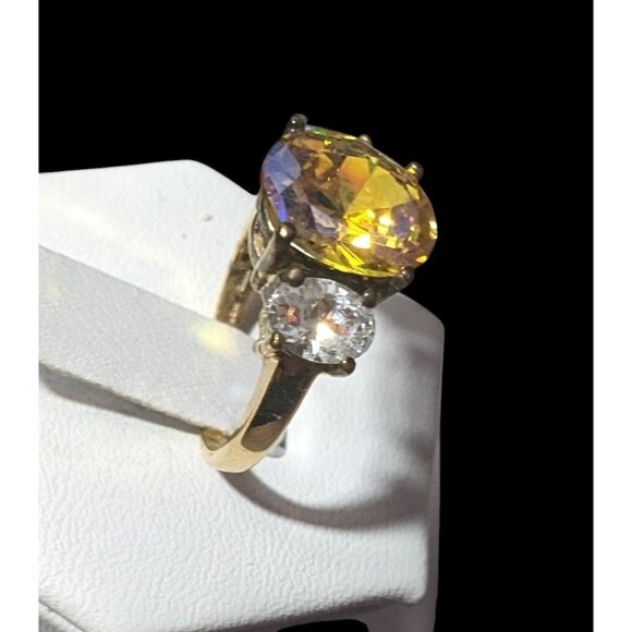 Brilliant Three Stone Sterling Silver Gold Tone Plated Engagement Ring Size 7 - Picture 2 of 16